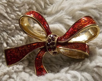 Lovely Detailed Red Bow Pin, Liz Claiborne, Vintage 1980's Brooch