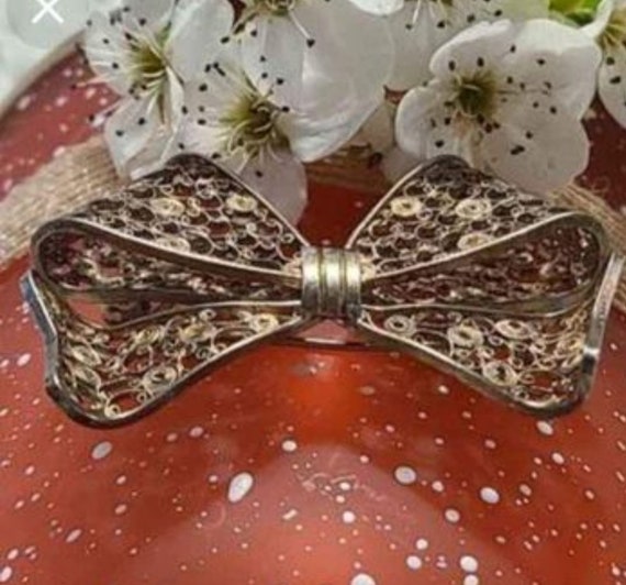 Antique Silver Filigree Bow Brooch, Ornate Pin - image 1
