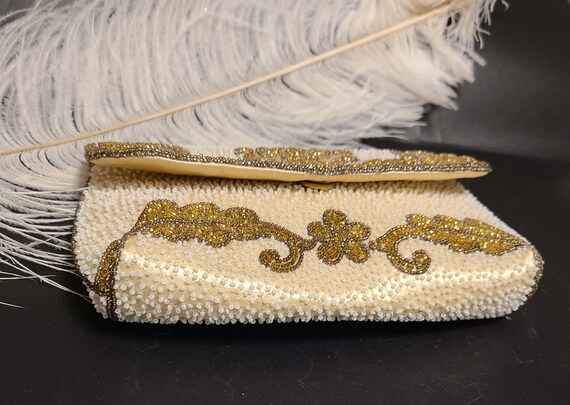 Ornate Vintage French Gold and White Beaded Clutch - image 8