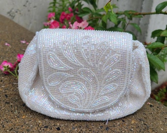 Sweet Vintage White Beaded Clutch with Iridescent Beads