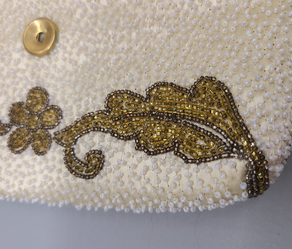 Ornate Vintage French Gold and White Beaded Clutch - image 3