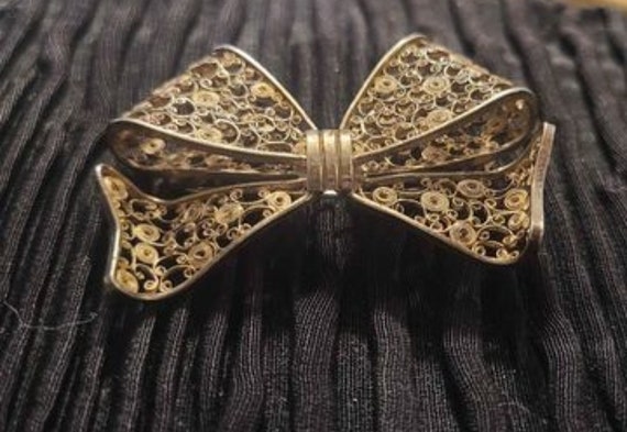 Antique Silver Filigree Bow Brooch, Ornate Pin - image 9