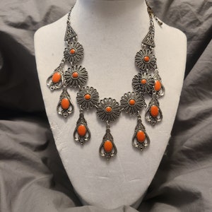 Wonderful Art Nouveau Antique Silver and Bright Orange Statement Necklace