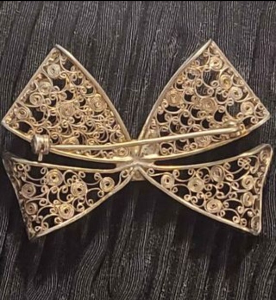 Antique Silver Filigree Bow Brooch, Ornate Pin - image 3