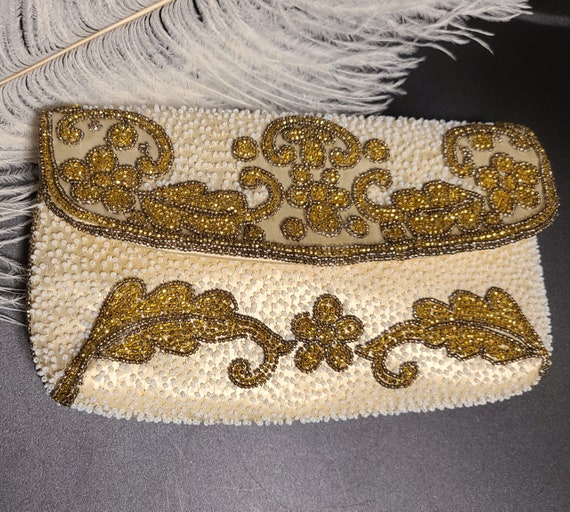 Ornate Vintage French Gold and White Beaded Clutch - image 9