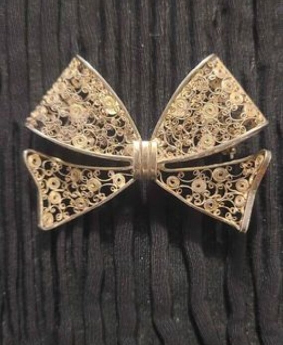 Antique Silver Filigree Bow Brooch, Ornate Pin - image 10