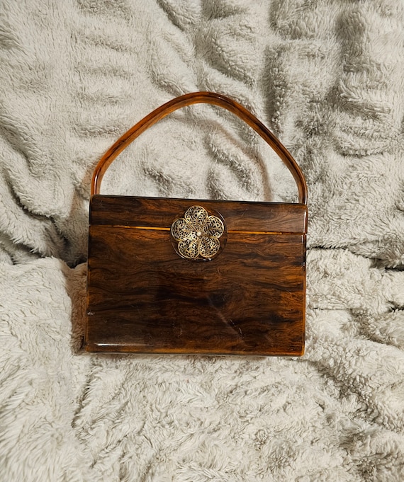 Wilardy 1950's Brown Wood Grain Lucite Box Purse