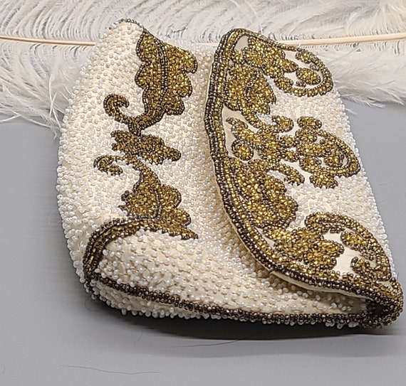 Ornate Vintage French Gold and White Beaded Clutch - image 1