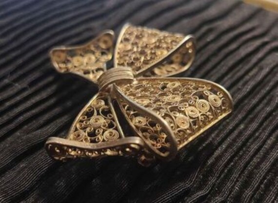 Antique Silver Filigree Bow Brooch, Ornate Pin - image 8