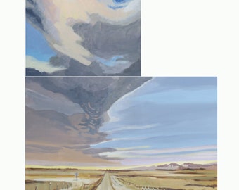Upward Momentum Diptych - Original Painting, Landscape Painting, Diptych, Dirt Road, Cloud Painting, Storm Clouds