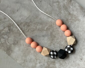 Fiddle Necklace, Buffalo Check Nursing Necklace, Mother's Necklace, New Mom Gift, Gingham Silicone Necklace