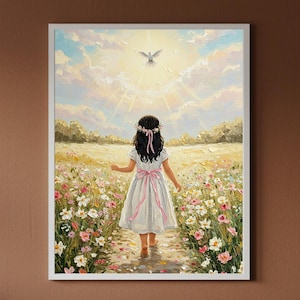 Pintura de arte mural de niño o niña bautizada, arte SUD de niña o niño pequeño, arte mural cristiano moderno, arte bíblico para niños e impresión de Jesús con niños