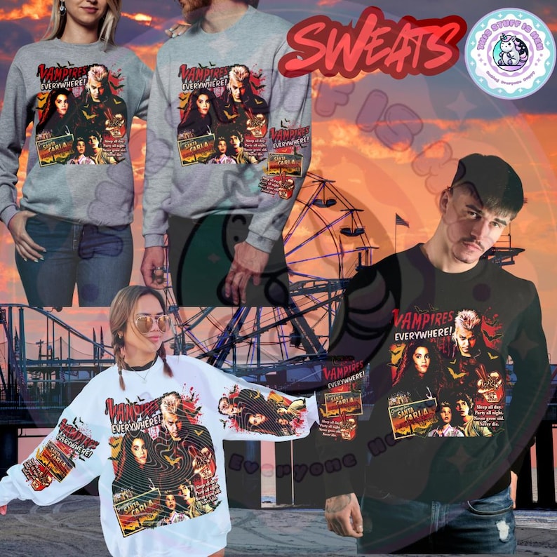 Pu&ograve; includere: Felpe con un design grafico con la scritta "Vampires Everywhere!" e immagini di personaggi. Le felpe sono grigie, bianche e nere. Il design include il testo "Santa Carla".