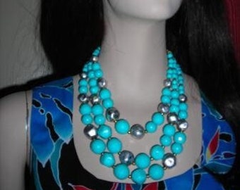 ART Alfred Pepper Turquoise  Silver Foil Bead 3-Strand Necklace & Earrings Set Vintage 1950s 1960s Demi Parure