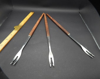 Ensemble de 3 fourchettes de service à fondue pour bar et barbecue, bois et acier inoxydable, Japon vintage des années 1960