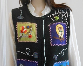 Vintage 1990s Halloween Marisa Christina Black Spider Black Cat Owl, Candy Haunted House Appliqued Beaded Sweater Vest Sz Large