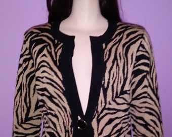 Jones of New York Tiger Stripe Schwarz & Luxe Metallic Gold Strick Jacke Pullover Sz Zierlich Kleine Hochzeit Halloween!