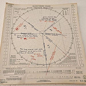 May include: A vintage paper Maneuvering Board for wind vector problems, H.O. 2665-10, dated July 1961. The off-white sheet features a large circular compass rose with black printed markings, scales, and handwritten notes in black and red ink.