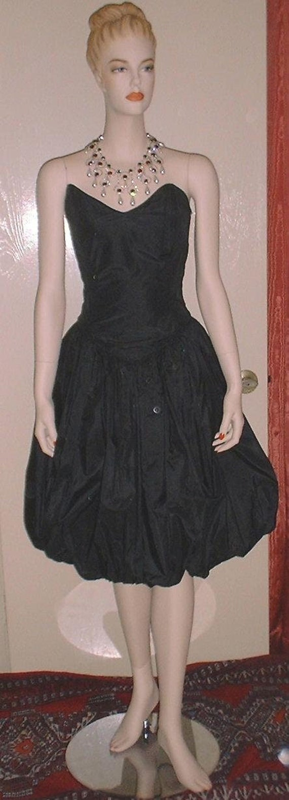 Vintage 1990s Alexandra Mac Black Silk Bustiere Strapless Bubble Hem Cocktail Wedding Party Dress Sz 10 New with Tags Barbiecore
