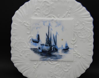 Vintage Hand Painted Blue & White Delft Style Nautical Maritime Faience Plate