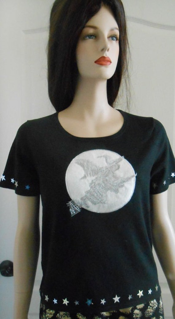 Vintage 1990s Michael Simon Halloween Witch Silk Black Silver Knit Top Sweater Tee Shirt Sz Medium NWT