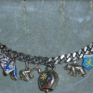 May include: A silver charm bracelet with various charms, including a bell, a bear, a building, and a shield with the word "Milano" on it.