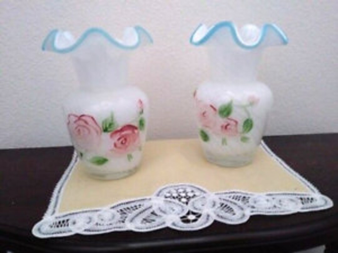 Pair of 2 Cased Art Glass Fluted Edge White Turquoise Rose Vases