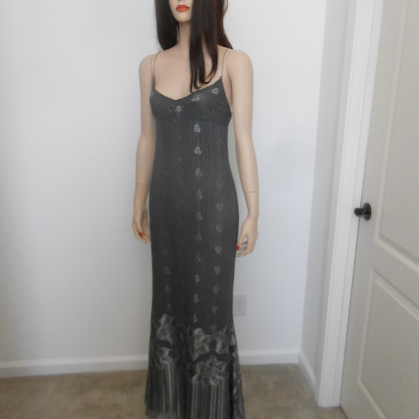 Pamela Dennis Charcoal Black & Silver Chantilly and Metallic Lace Fish Tail  Spaghetti Strap Slip Evening Wedding Gown Dress Sz 12