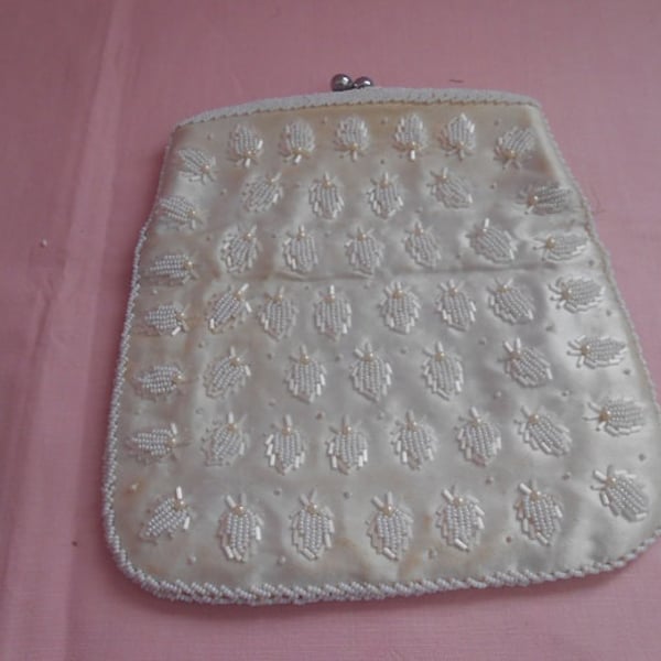 White Satin Beaded Wedding Evening Bag Clutch Purse Vintage 1950s 1960s Made in Hong Kong White Bugle Beading Leaf Design