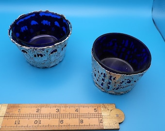 Antique Dutch 833 Silver Cobalt Glass Large Open Salt Cellars 1890 Pair of 2