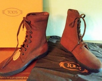 Tod's Boots Nubuck Brown Leather Lace Up All Weather Boots Bowen Style Size 36.5 or 6-1/2 New in Box