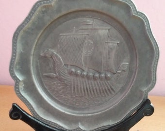 Vintage Pewter Viking Long Boat Ship Scandinavian Nautical Decorative Plate Made in Spain