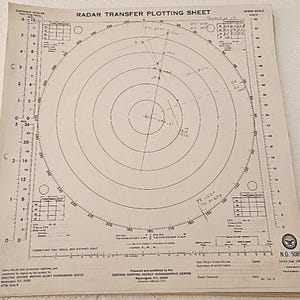 May include: A beige Radar Transfer Plotting Sheet, N.O. 5089, dated February 1973. The paper features a large central circle with concentric rings, a distance scale on the left, a speed scale on the right, and handwritten navigational markings.