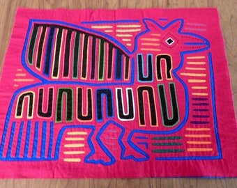 Mola Textiles Art of Panama Hand Made Kuna Indians Red Bird Quilting Unframed 1970s 17"X13"