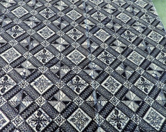 Vintage 1970s Batik Cotton Fabric: Navy Blue Geometric Print (1.38 Yards)