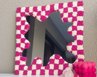 Pink Checkered Tufted Mirror - Punch Mirror Rug