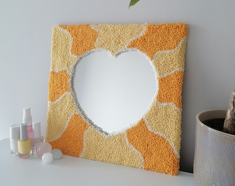 Yellow Heart Shaped Tufted Mirror - Handmade Punch Needle Mirror -Funky Eclectic Home Decor - Love Wall Art - Modern Wall Hanging