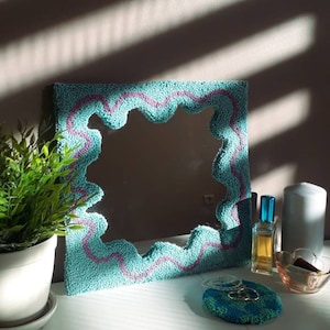 Blue Tufted Wavy Mirror: Handmade Funky Wall Decor