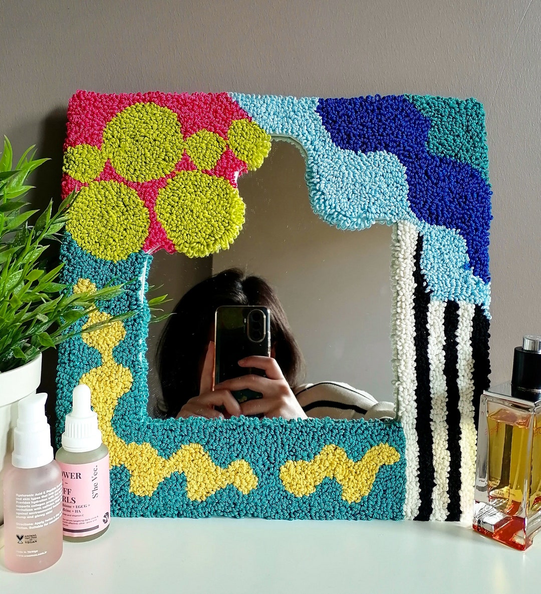 Colorful Maximalist Tufted Mirror Punch Mirror Rug Blue Etsy