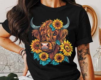 Highland Cow T-Shirt: Sunflower Floral Farm Animal Tee