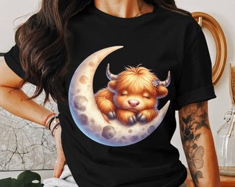 Highland Cow T-Shirt: Sleeping on Moon, Whimsical Animal Lover Gift
