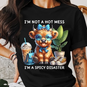 Funny Highland Cow T Shirt, Spicy Disaster, Cute Cow With Accessories, Trendy Graphic Tee, Highland Cow Lover Gift, Animal Pun T Shirt