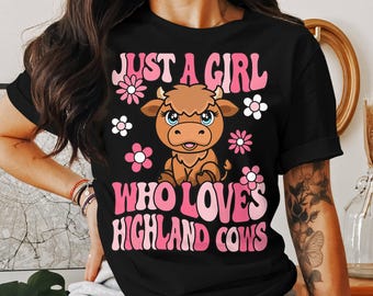 Maglietta Highland Cow, fiori rosa, maglietta femminile per amanti degli animali
