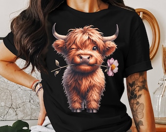 Maglietta con mucca scozzese ammiccante: corona di fiori, maglietta con animale da fattoria