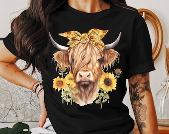 Highland Cow Sunflower T-Shirt: Western Farm Animal Tee