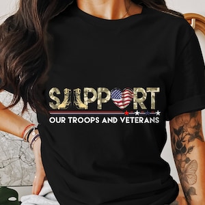 Support Our Troops T-Shirt, Veterans T-Shirt, Patriotic T-Shirt, American Flag Heart, Military Boots, Camouflage Design