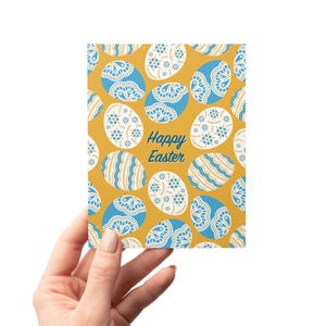 Happy Easter Folk Art Blue & Gold Eggs Eco-Friendly Greeting Card