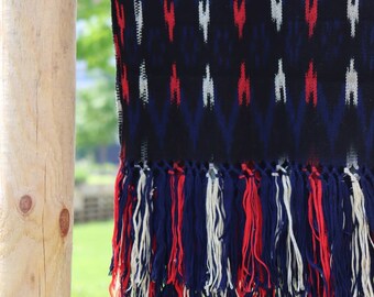 Luxury ikat shawl in blue, white, red silk cotton authentic ikat stole, 100% handmade, women's gift, handcrafted accessory, ethnic