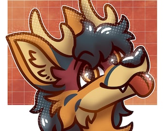 May include: A digital illustration of a stylized creature with deer-like antlers, dark fur, and tan accents. The character has large, expressive eyes, a small tooth visible, and a tongue sticking out, set against a grid-patterned orange background.