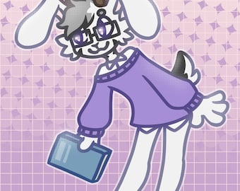 May include: A digital illustration of an anthropomorphic white rabbit character with brown antlers, wearing black-rimmed glasses and a purple long-sleeved sweater. The character has gray hair and is holding a blue rectangular book in one hand.
